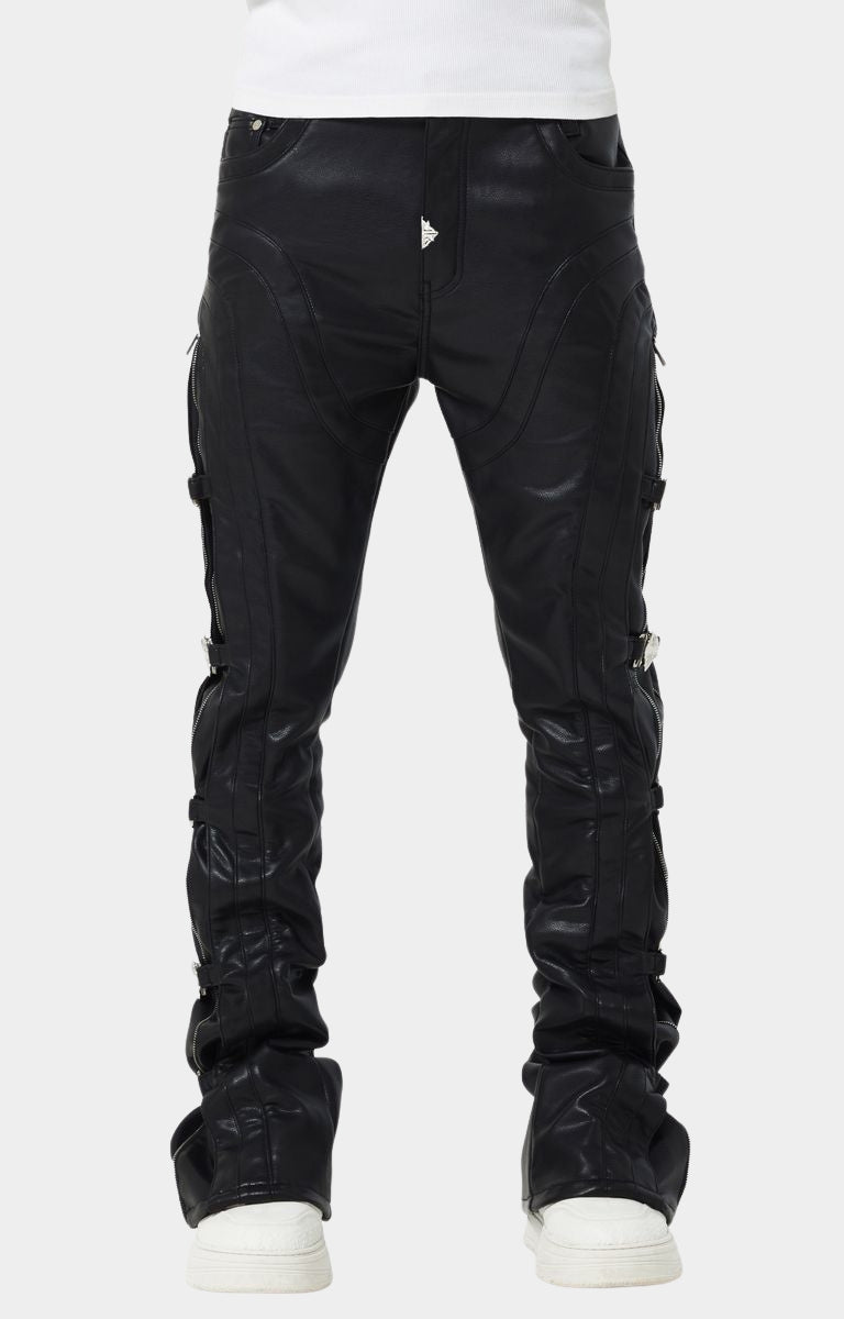 Guapi Obsidian Black Buckle Leather Pant front view with silver buckles