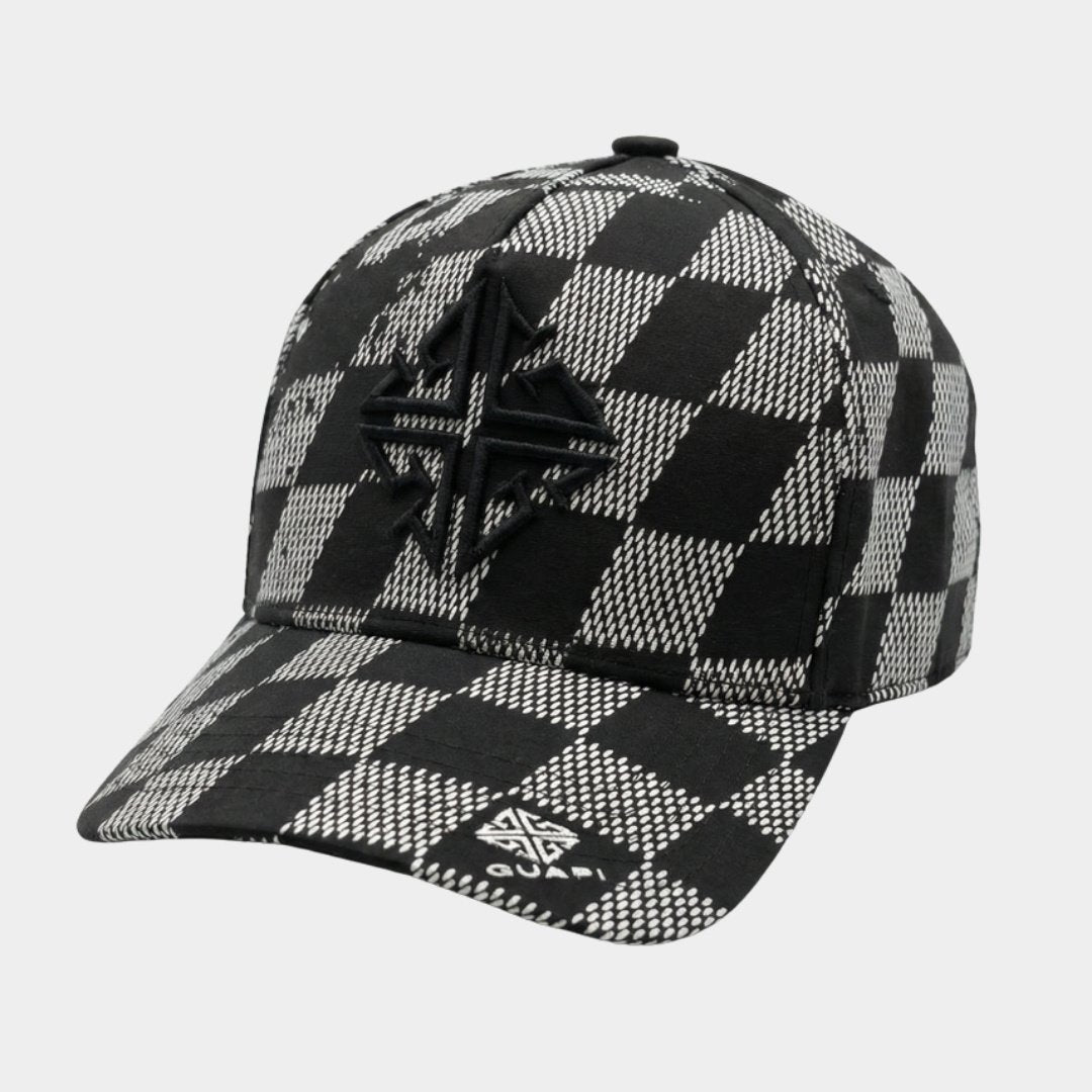 Front view of Guapi Obsidian Black Checkerboard Cap with embroidered logo