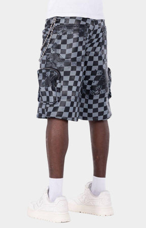 Guapi Obsidian Black Checkerboard Leather Cargo Shorts back view.