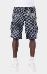Guapi Obsidian Black Checkerboard Leather Cargo Shorts front view.
