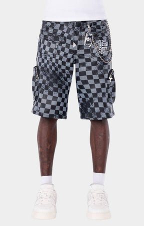 Guapi Obsidian Black Checkerboard Leather Cargo Shorts front view.