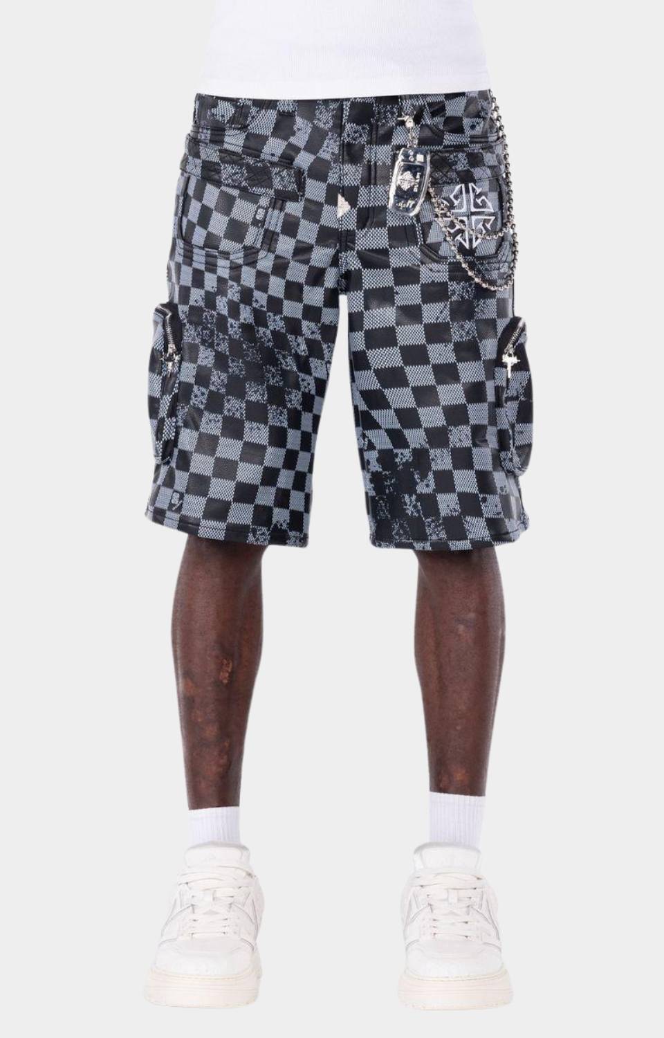 Guapi Obsidian Black Checkerboard Leather Cargo Shorts front view.