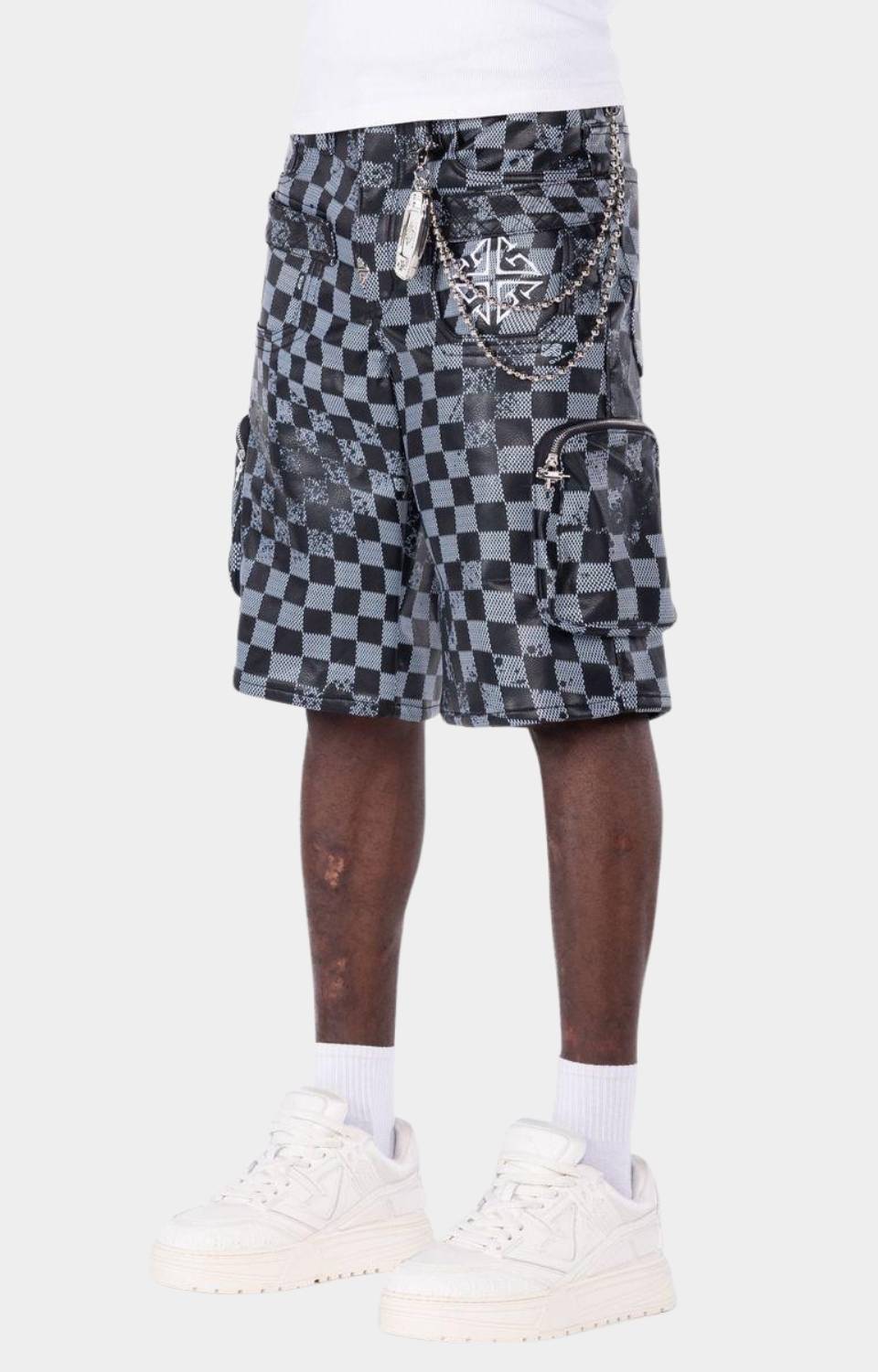Side view of Guapi Obsidian Black Checkerboard Leather Shorts.