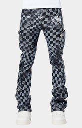Front view of Guapi Obsidian Black checkerboard leather stacked pants