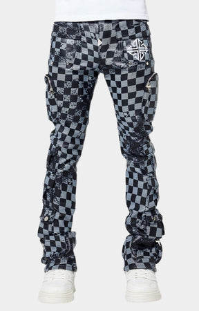 Front view of Guapi Obsidian Black checkerboard leather stacked pants