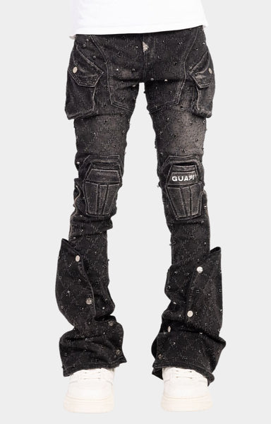パンツ Guapi Obsidian Black Embellished Denim Guapi Obsidian Black Coffin Arc Denim | Flared Cargo Jeans