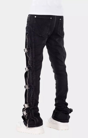 Back view of Guapi Obsidian Black Cross Buckle Stacked Denim.
