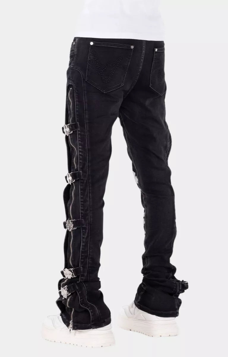 Back view of Guapi Obsidian Black Cross Buckle Stacked Denim.