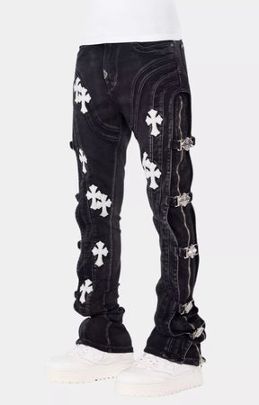 Cross appliqué detail on Guapi Obsidian Black Cross Buckle Denim.