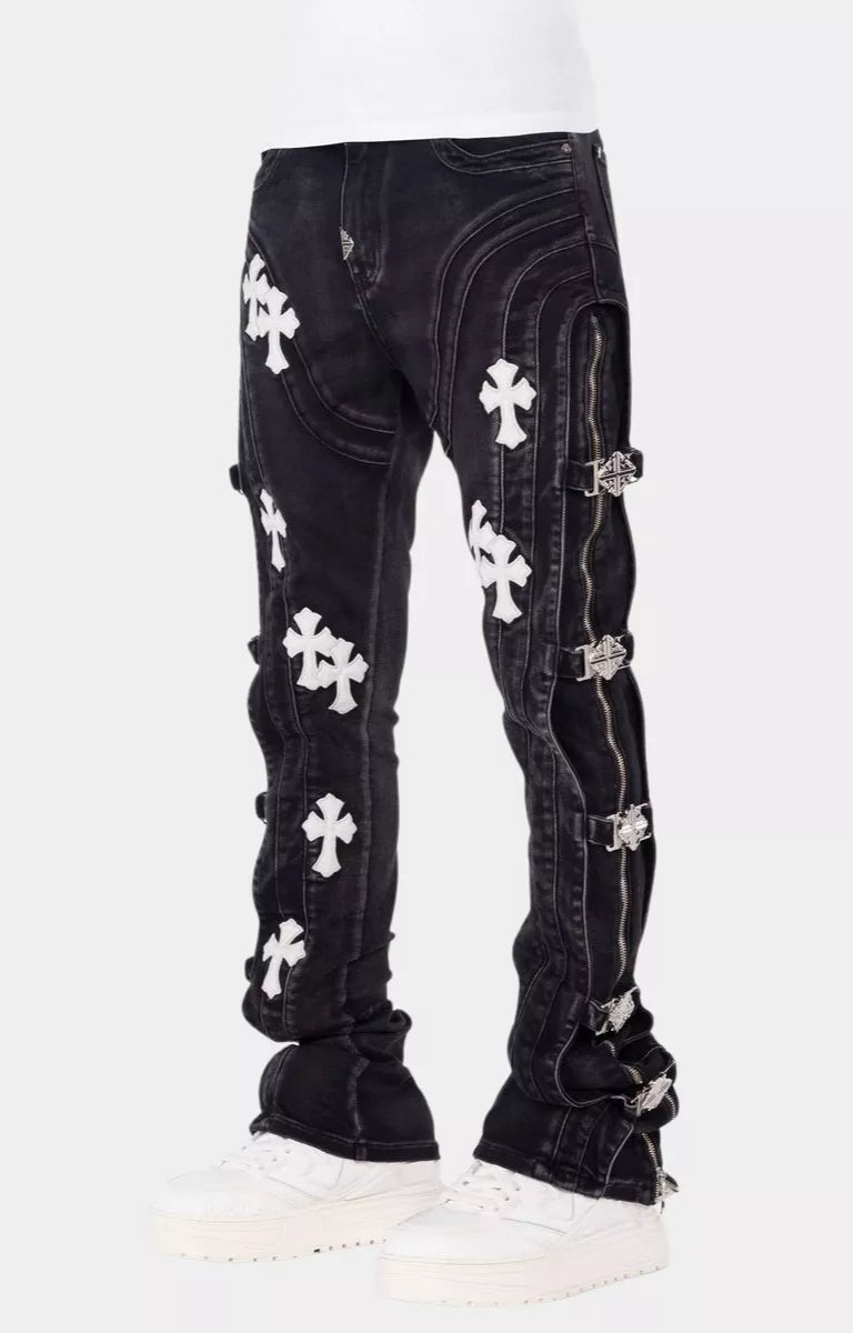 Cross appliqué detail on Guapi Obsidian Black Cross Buckle Denim.
