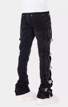 Guapi Obsidian Black Cross Buckle Stacked Denim styled with streetwear.