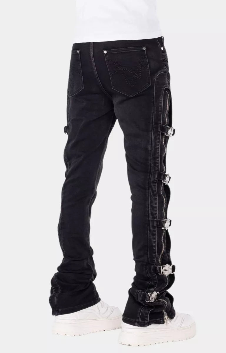 Guapi Obsidian Black Cross Buckle Stacked Denim styled with streetwear.