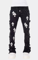 Guapi Obsidian Black Cross Buckle Stacked Denim front view.