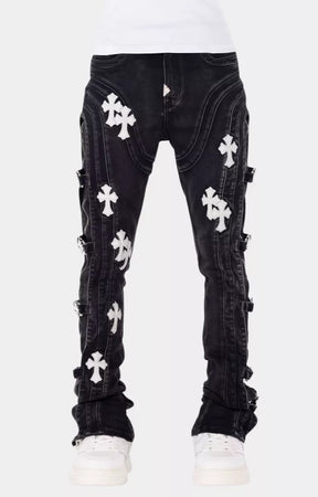 Guapi Obsidian Black Cross Buckle Stacked Denim front view.