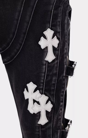 Custom engraved metal hardware on Guapi Obsidian Black Cross Buckle Denim.
