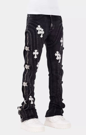 Guapi Obsidian Black Cross Buckle Stacked Denim styled with streetwear.