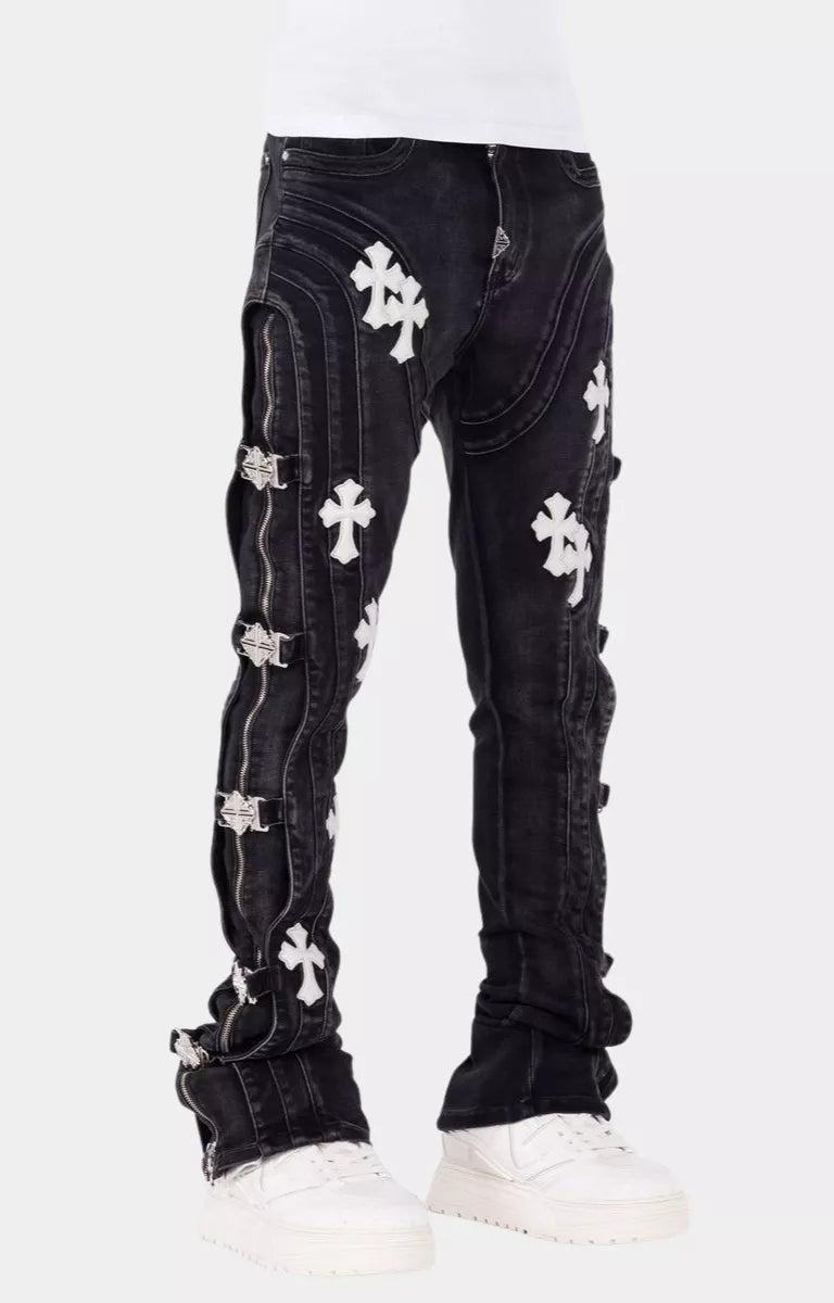 Guapi Obsidian Black Cross Buckle Stacked Denim styled with streetwear.