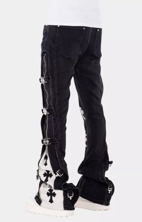 Side profile of Guapi Obsidian Black Cross Buckle Stacked Denim.