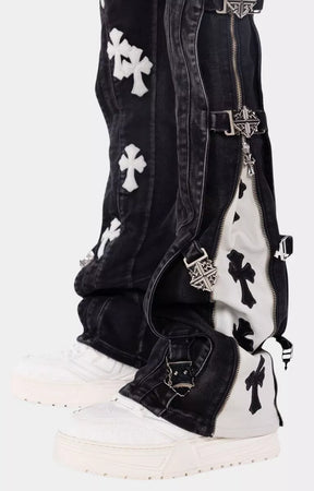 Stacked fit of Guapi Obsidian Black Cross Buckle Denim.