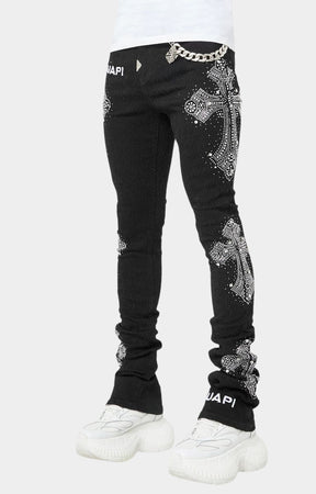 GUAPI Obsidian Black denim with rhinestone crystal cross embellishments.