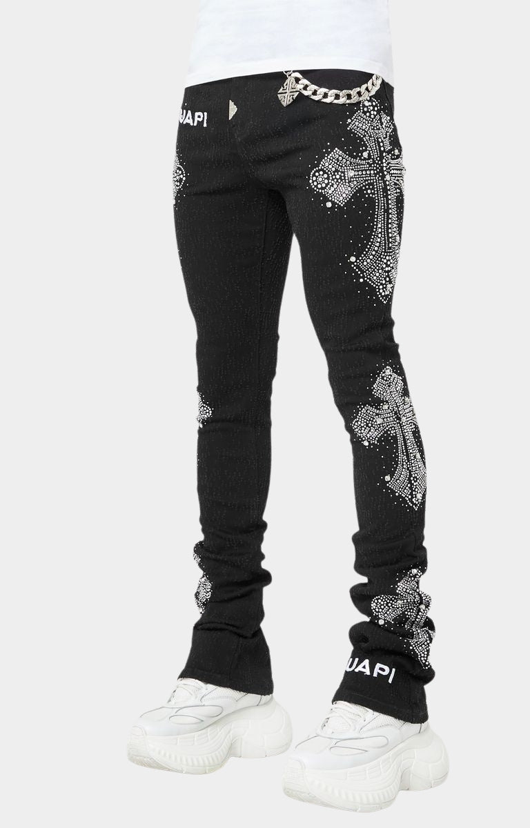 GUAPI Obsidian Black denim with rhinestone crystal cross embellishments.