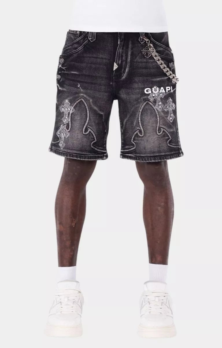 Guapi Obsidian Black Faded Cross Rhinestone Denim Shorts | Luxury