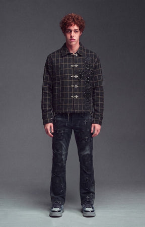 Close-up of the textured grid pattern on Guapi Obsidian Black Shirt.