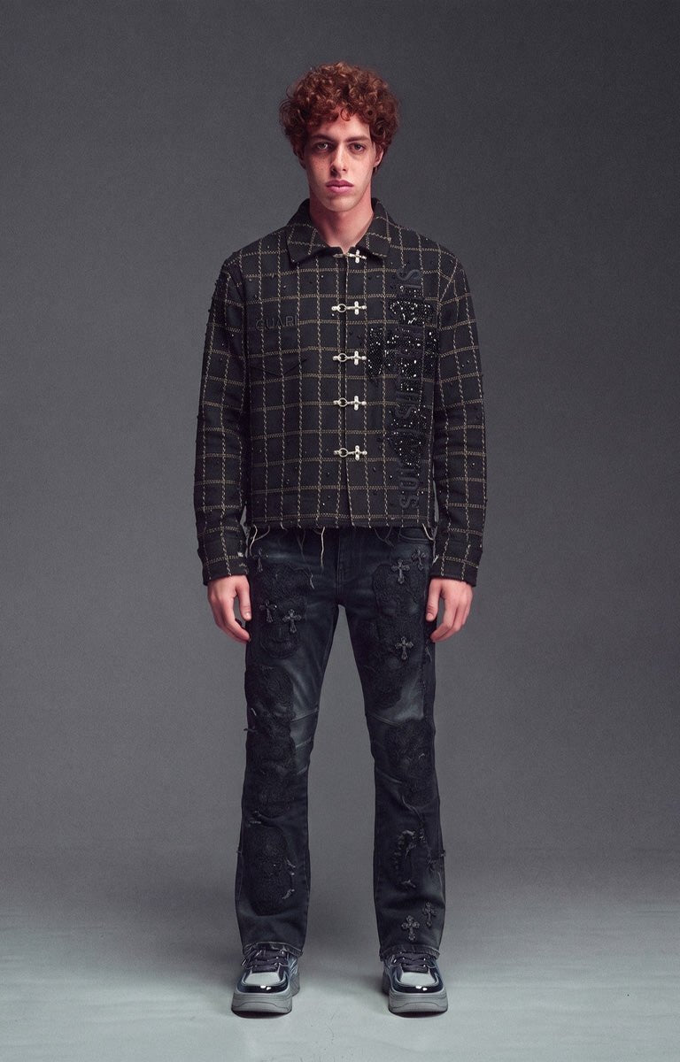 Close-up of the textured grid pattern on Guapi Obsidian Black Shirt.