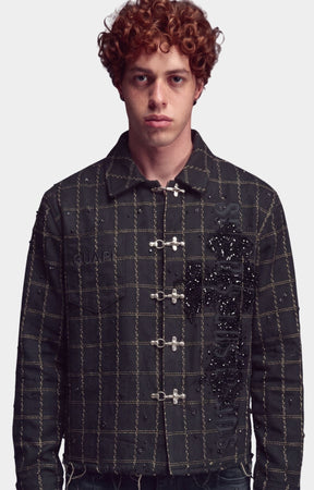 Guapi Obsidian Black Grid Shirt front view with toggle closures.