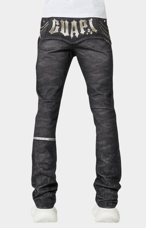 Back view featuring oversized GUAPI logo on Heavens Vault Denim