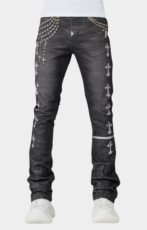 Front view of Guapi Obsidian Black Heavens Vault Denim with 3D printed design