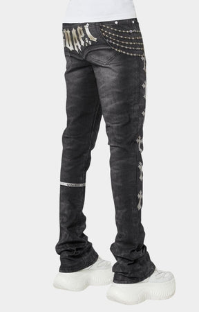 Macro shot showing faux embellishment illusion in black Heavens Vault jeans