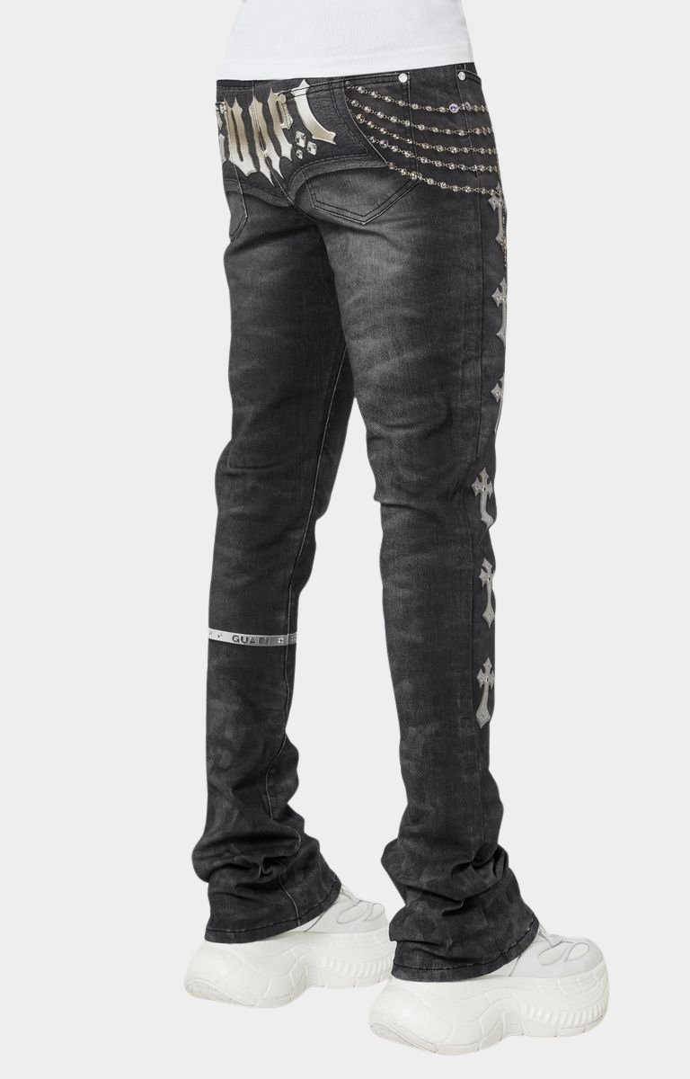 Macro shot showing faux embellishment illusion in black Heavens Vault jeans