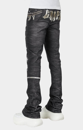 Full stacked fit silhouette of Guapi black denim with extended inseam