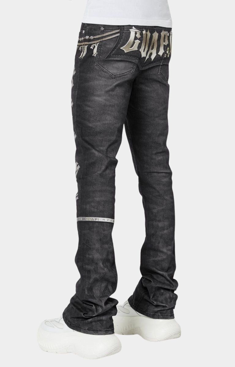 Full stacked fit silhouette of Guapi black denim with extended inseam