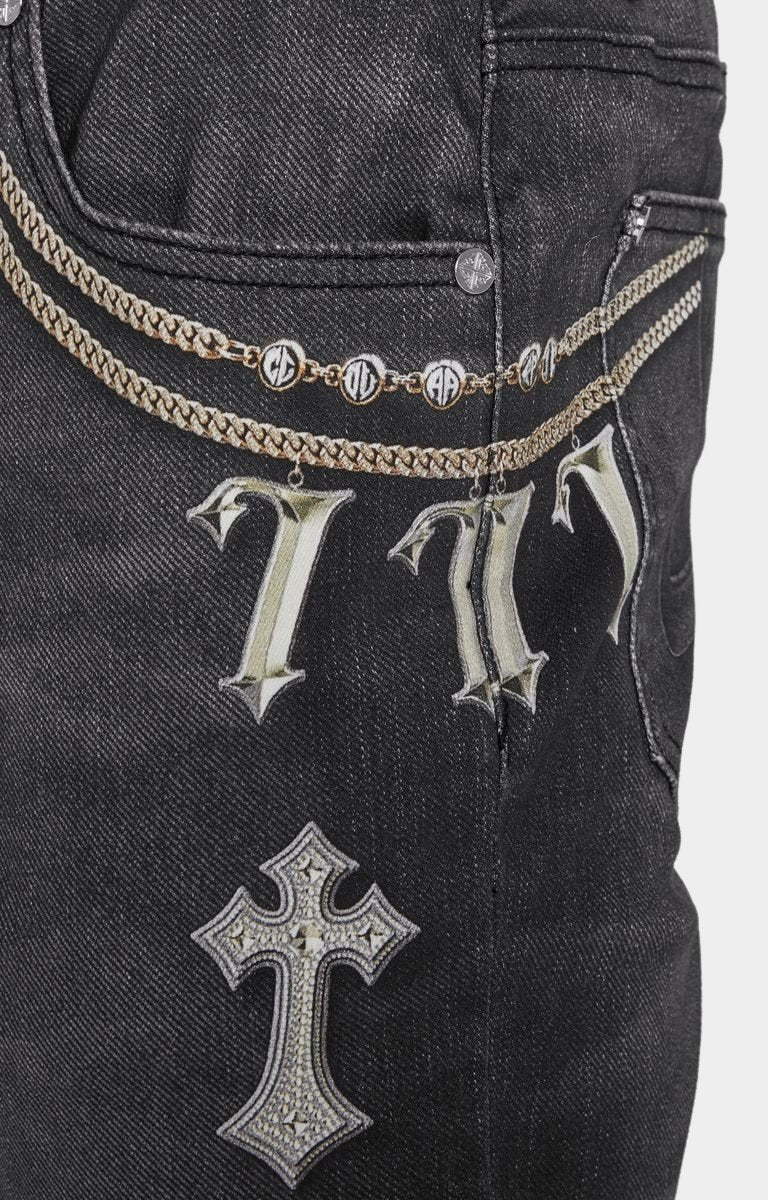 Streetwear outfit featuring Guapi Obsidian Black Heavens Vault jeans styled with sneakers