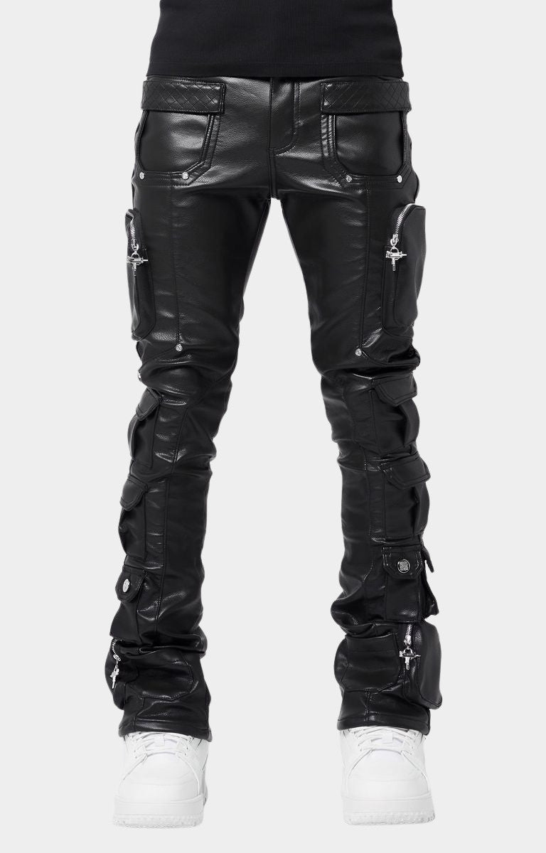 Front view of Guapi Obsidian Black Leather Cargo Pants with sleek utility design