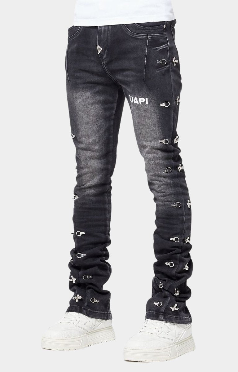 Side view showing silver hardware fasteners on Lockdown denim