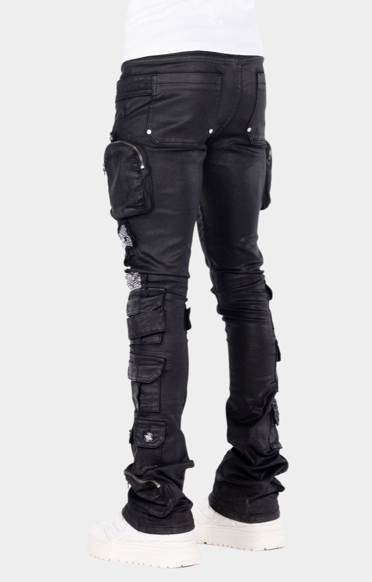 Guapi Obsidian Black Machine Gun Rhinestone Cargo Denim Jeans