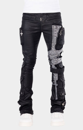 Guapi Obsidian Black Machine Gun Rhinestone Cargo Denim Jeans