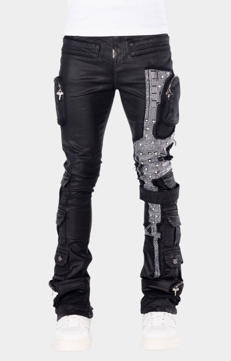 Guapi Obsidian Black Machine Gun Rhinestone Cargo Denim Jeans