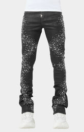 Front view of Obsidian Black Pearls Denim stacked skinny jeans.
