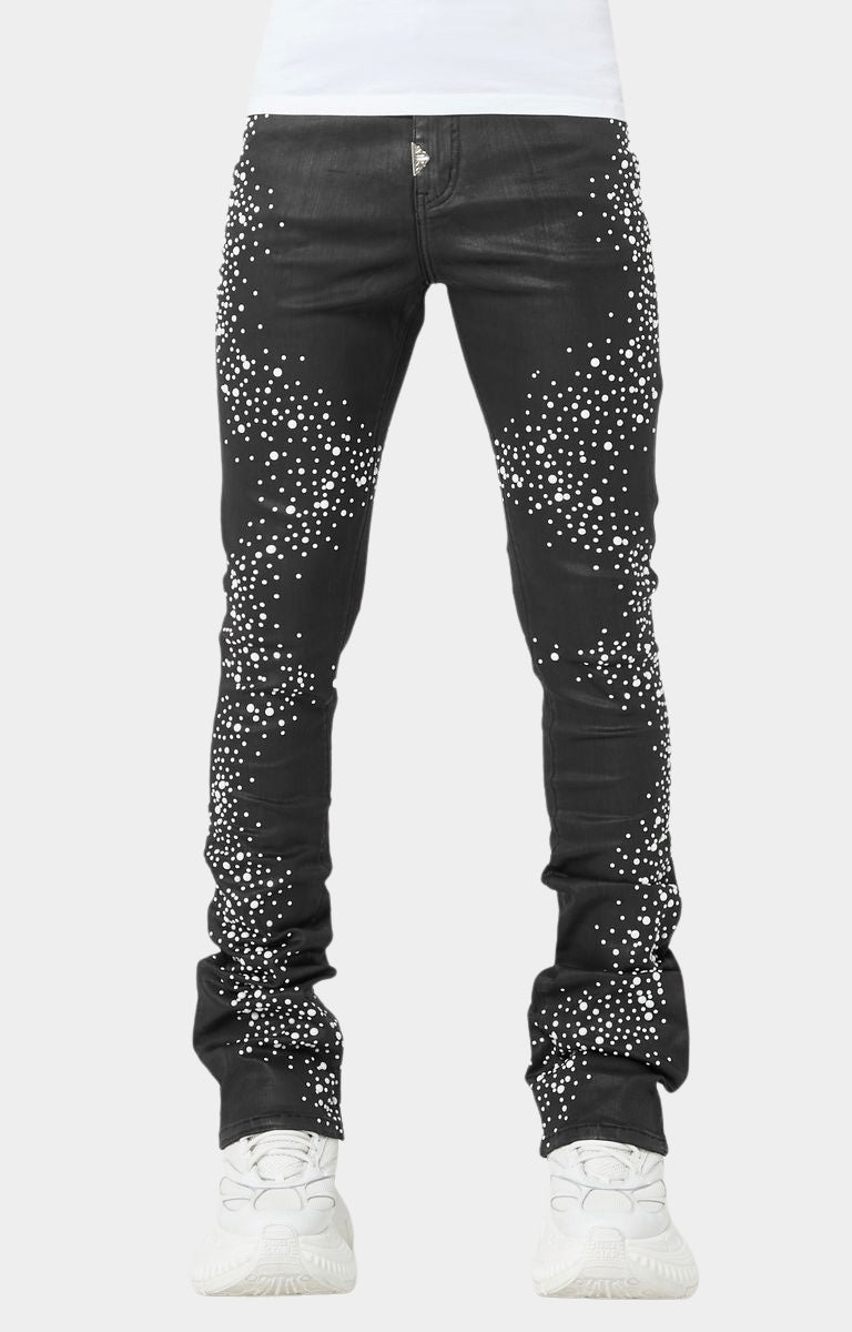 Front view of Obsidian Black Pearls Denim stacked skinny jeans.