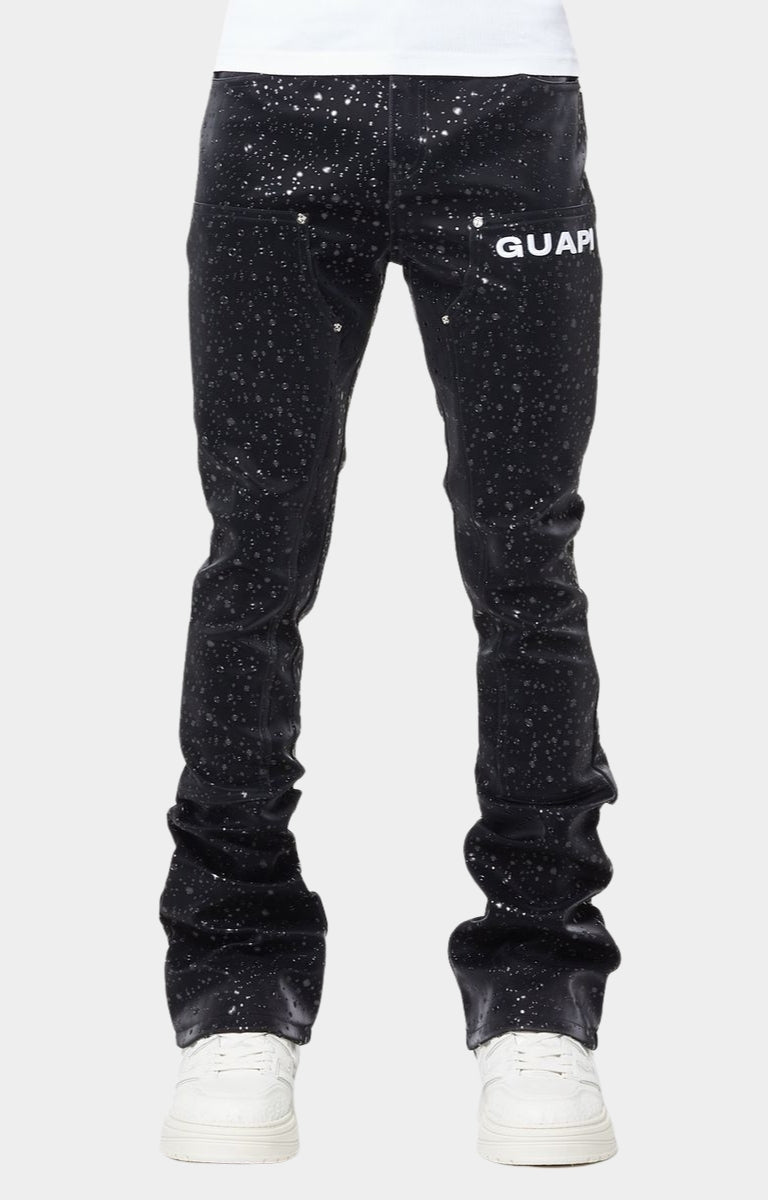 Front view of Guapi Obsidian Black raindrop faux leather pants