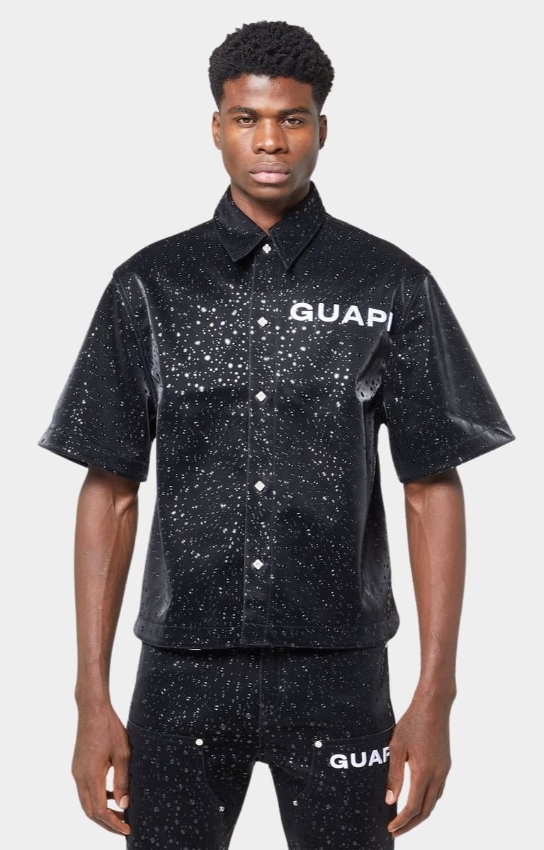 Guapi Obsidian Black raindrop faux leather shirt front view