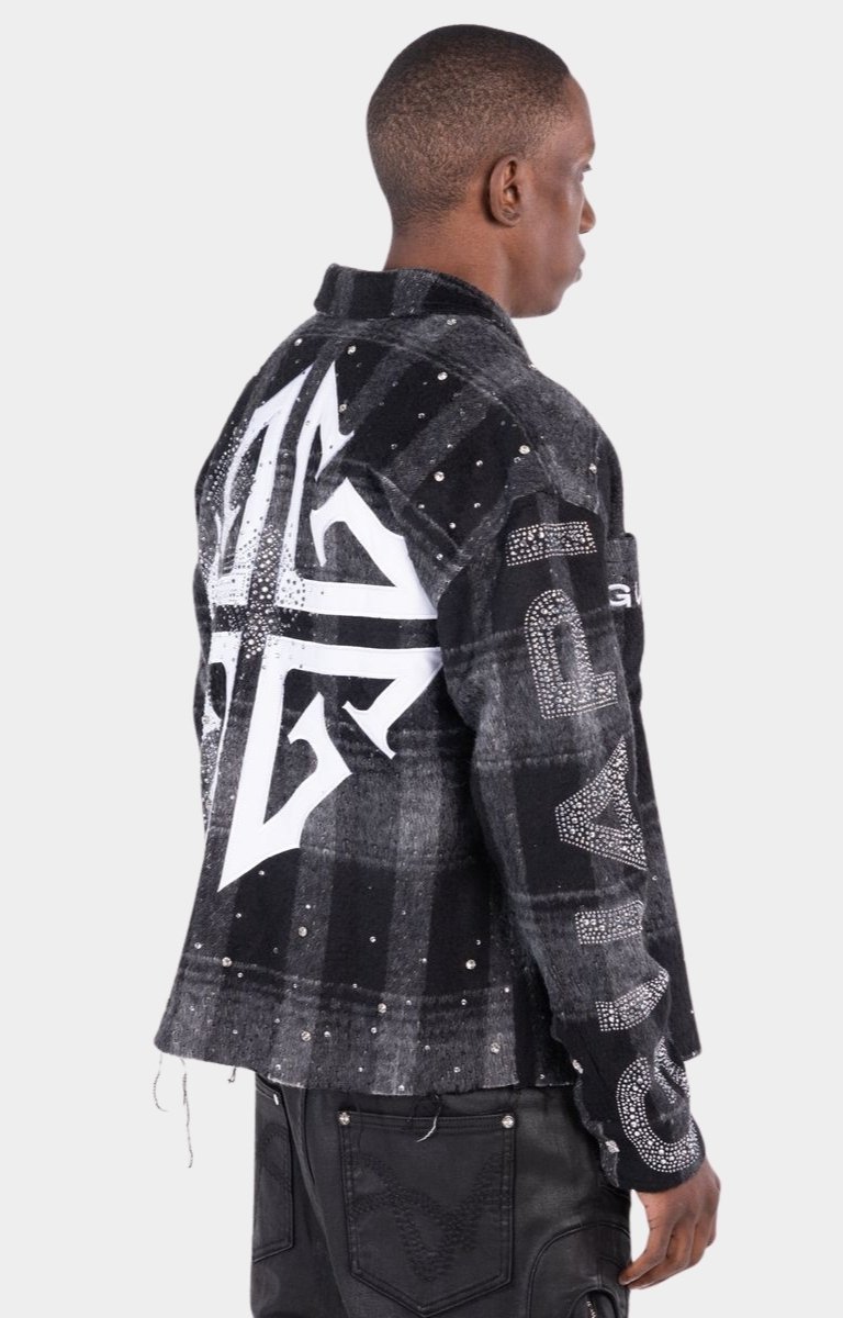 Side profile of Guapi Obsidian Black SNC rhinestone shirt.