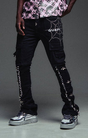 Guapi Obsidian Black Spikes Cargo Denim front view with utility pockets.