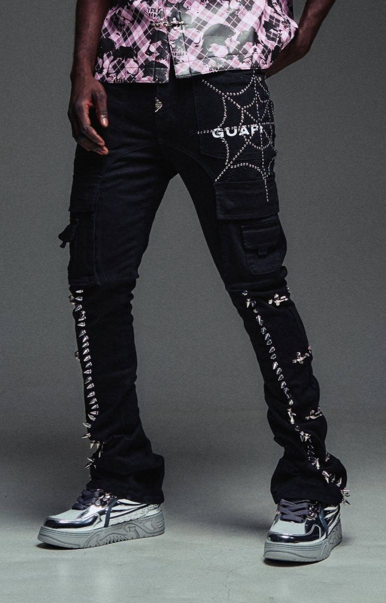 Guapi Obsidian Black Spikes Cargo Denim front view with utility pockets.