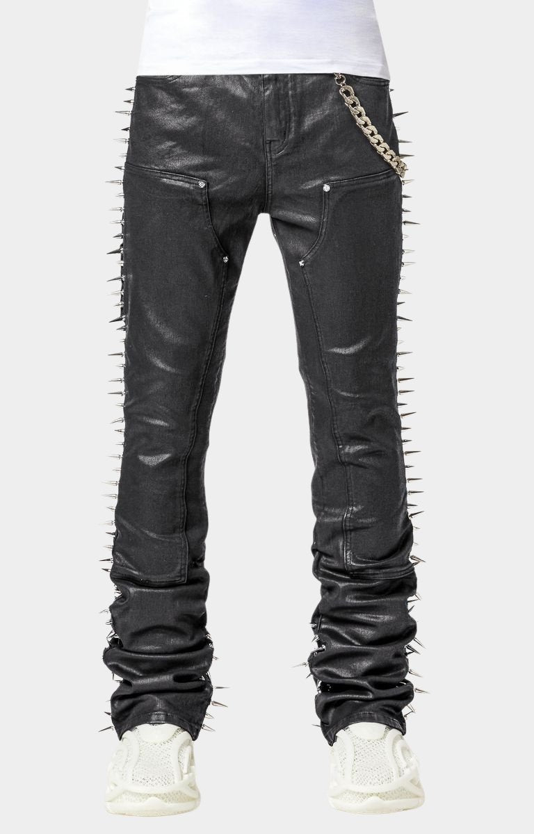 Front view of Guapi Obsidian Black Spikes Denim showing waxed finish