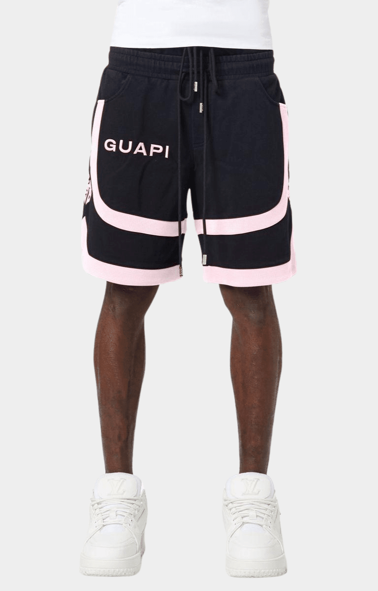 GUAPI Obsidian Black Sweat Shorts V2 front view with pink mesh panels.